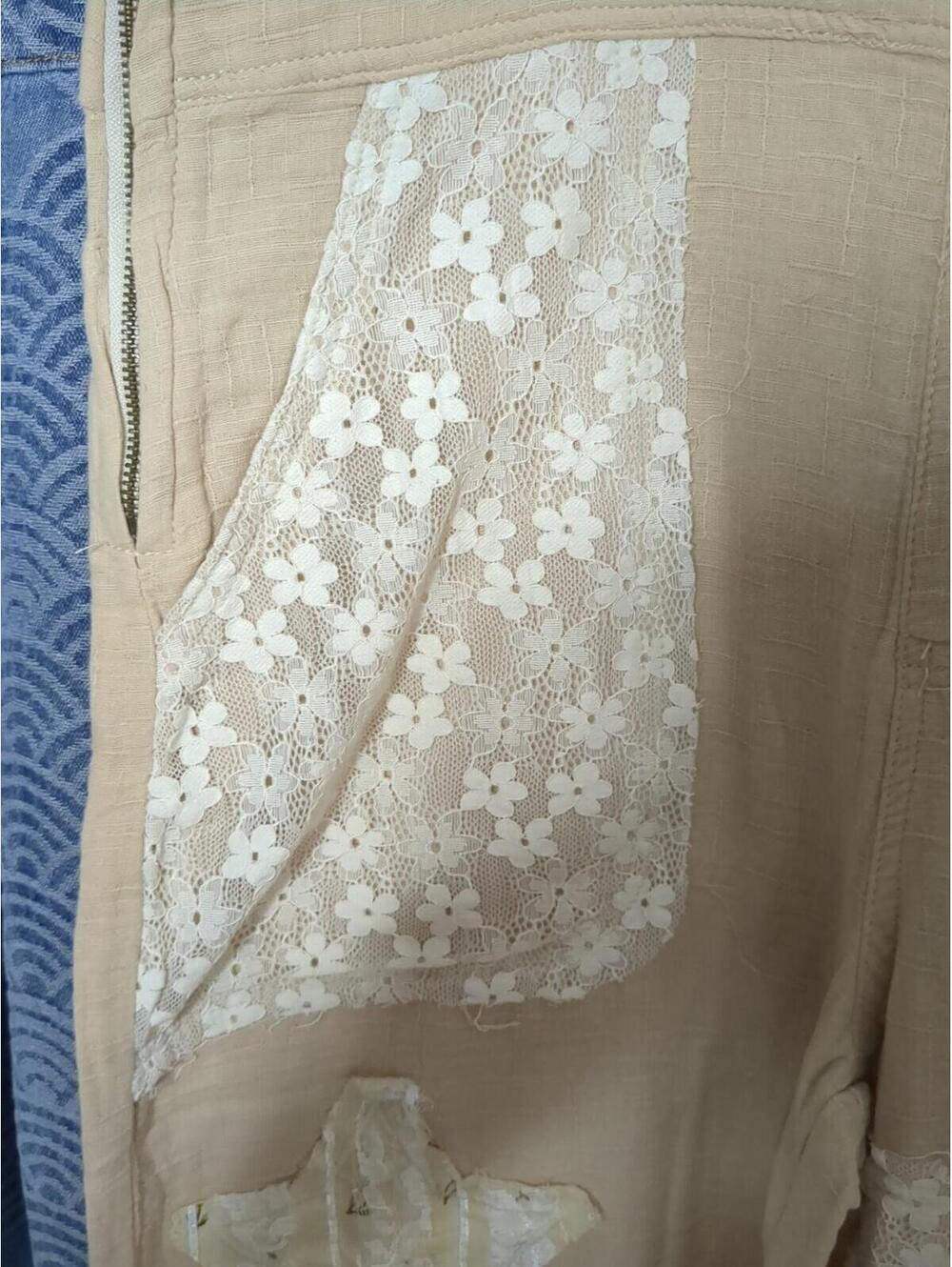 POL Boho Floral Patchwork Wide Leg Overalls Ruffle Bottom Jumpsuit Cream Large - Picture 3 of 8